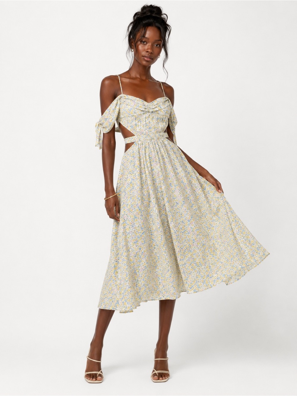 For Love & Lemons Pale Yellow Floral Off-Shoulder Midi Dress